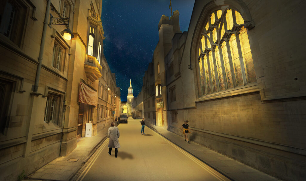 Nighttime image of Oxford city centre showcasing Michael Grubb Studio’s lighting masterplan. The architectural lighting strategy highlights spires, towers, and historic facades with warm, sustainable lighting. This urban lighting project enhances Oxford’s skyline and public realm, demonstrating expert lighting design, masterplanning and sensitive integration within a heritage setting.