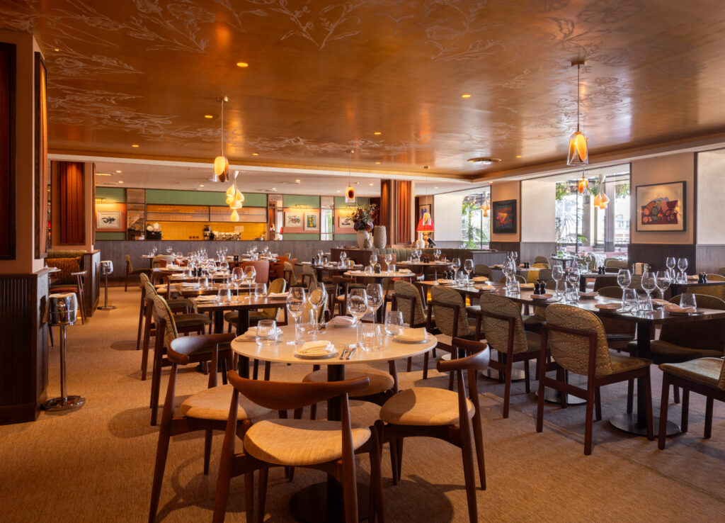 Hospitality lighting design for Cicoria restaurant at the Royal Opera House, London, creating a refined fine dining atmosphere through layered lighting.
